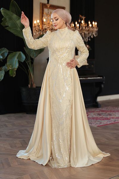 N.S NEVA STYLE - Beaded Tailed Beige Hijab Evening Dress 51923Bej