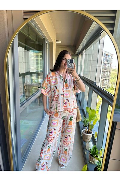 Elif Özbey Butik Stone Printed Short Sleeve Shirt Set