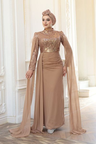 N.S NEVA STYLE - Cape Detailed Mink Hijab Evening Dress 52592V