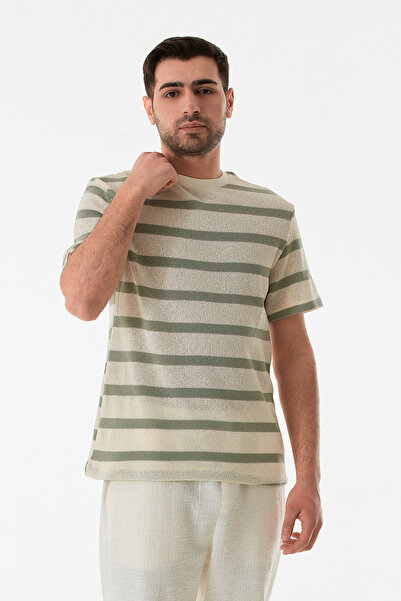 Fulla Moda Πλεκτό μπλουζάκι με ριγέ διάτρητο λαιμόκοψη