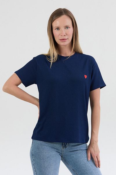 Fulla Moda Heart Embroidered Wrinkle Fabric T-Shirt
