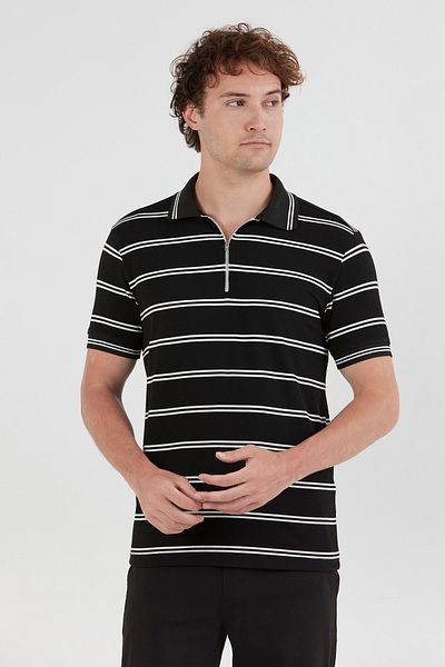 Fulla Moda Μπλουζάκι με ριγέ μισό φερμουάρ με γιακά πόλο