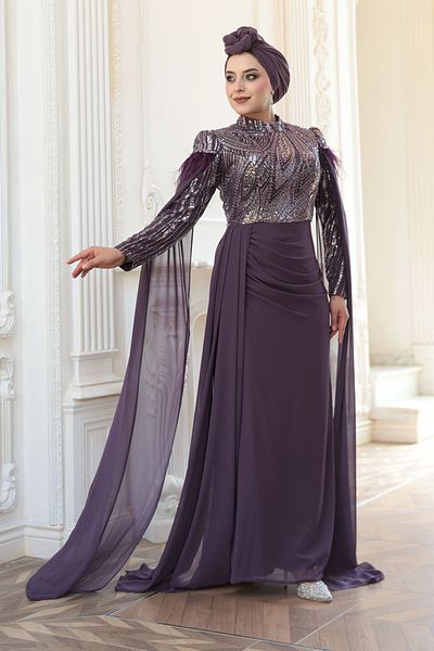 N.S NEVA STYLE - Cape Detailed Dark Lilac Hijab Evening Dress 52592Klila