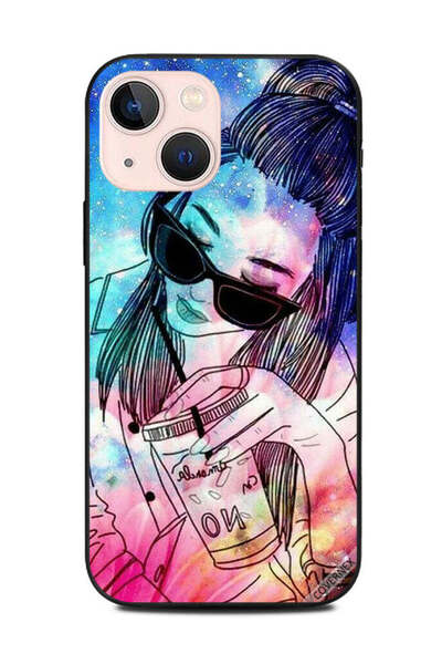 Covernex غطاء حماية لهاتف Apple iPhone 13 Mini Doodle Girl Wear أسود زجاجي