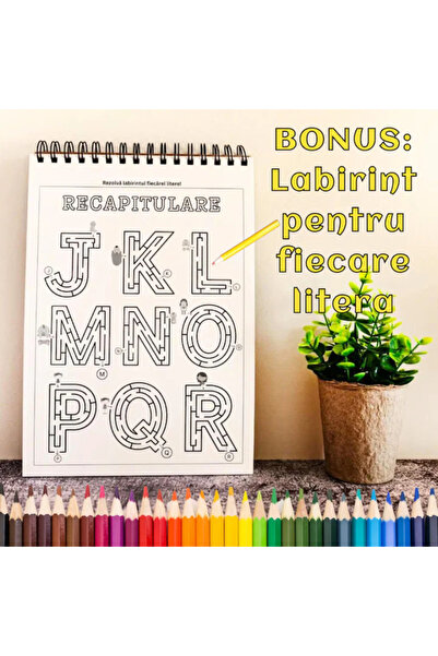 Magia Cartii Invat alfabetul, Carte de colorat pentru copii cu litere din alfabet, A4, 60 pagini, seria Opin Puk