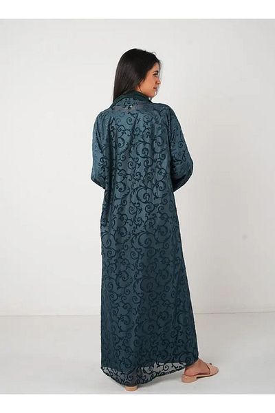 Jameela Olive Green Full Lace Open Abaya 3 Pieces Set