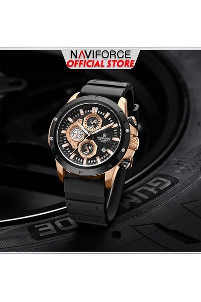 Naviforce Men's Black & Rose Gold Chronograph Watch – 42mm Quartz, Silicone Strap