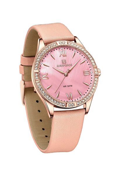 Naviforce Women's Elegant Pink Analog Watch – 37mm Crystal Bezel, Rose Gold Leather Strap