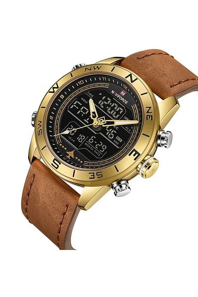 Naviforce Men's Sport Analog-Digital Watch – 44mm Chronograph, Leather Strap, Compass Bezel, Water Resistant