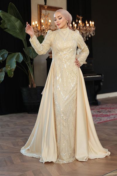 N.S NEVA STYLE - Beaded Tailed Beige Hijab Evening Dress 51923Bej