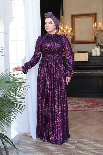 N.S NEVA STYLE Βραδινό φόρεμα με παγιέτες μωβ Hijab 44961MOR
