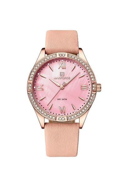 Naviforce Women's Elegant Pink Analog Watch – 37mm Crystal Bezel, Rose Gold Leather Strap