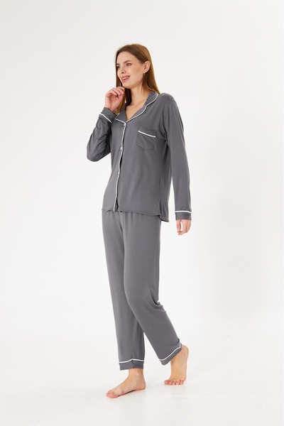 ÇağrıHome Women's 100% Cotton Luxury Viscose Anthracite Shirt Collar Buttoned White Piping Pajama Set