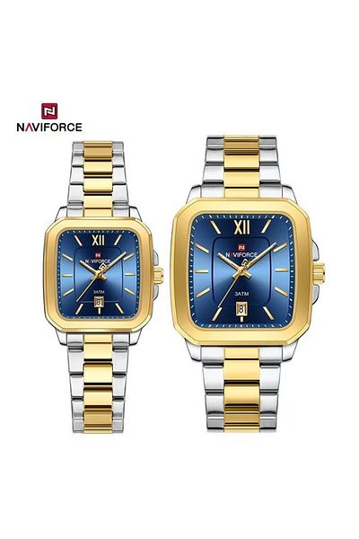 Naviforce Elegant Two-Tone Gold and Silver Stainless Steel Couple Watch Set with Blue Square Dial Date Display
