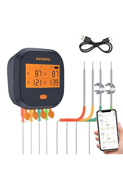 Inkbird مقياس حرارة لحوم الشواء اللاسلكي IBBQ-4T مع 4 مجسات ملونة، مقياس حرارة لحوم الشواء اللاسلكي