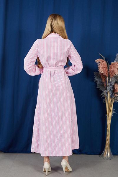 NEW LAVİVA Women's Pink Striped Brode Detailed Long Sleeve Basic Shirt Dress with Elastic Sleeves