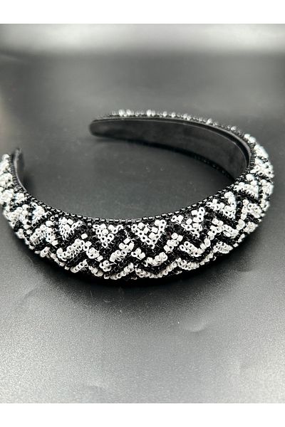 ByMerve Hand Embroidered Black White Color Beads Shiny Processing Evening Dress Engagement Invitation Women's Hair Crown