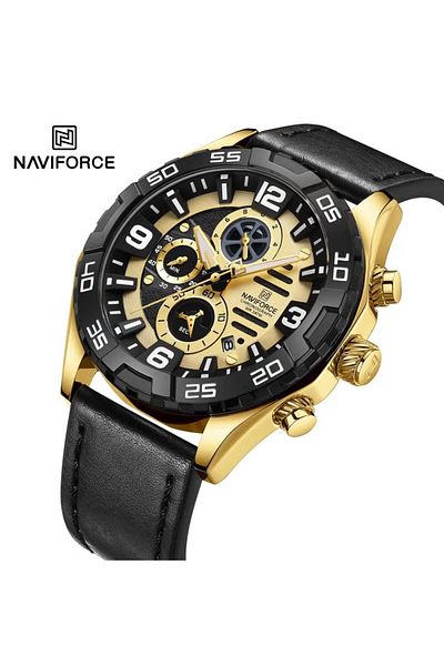Naviforce Men's Sport Chronograph Watch – 46mm Analog, Leather Strap, Multi-Function, Water Resistant