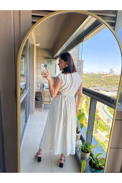 Elif Özbey Butik Taş Yanları Dekolteli Keten Elbise