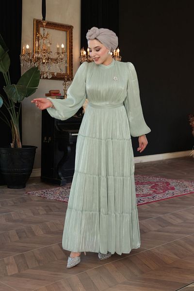 N.S NEVA STYLE - Βραδινό φόρεμα με πλισέ μέντα Hijab 52981MINT