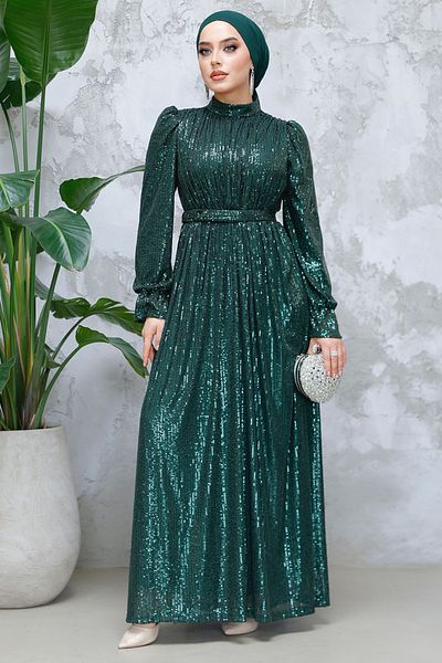 N.S NEVA STYLE Βραδινό φόρεμα με παγιέτες Emerald Green Hijab 44961ZY