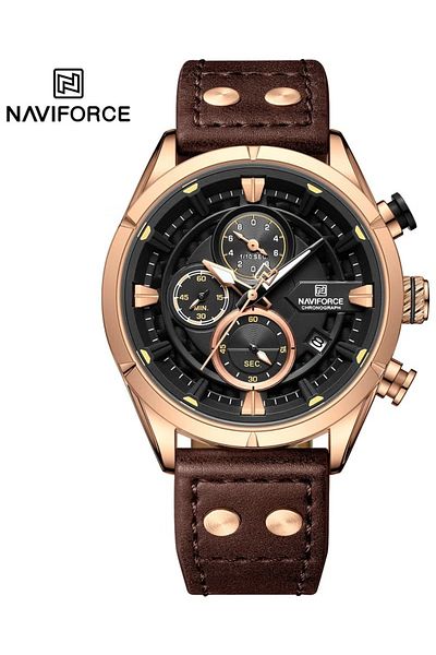 Naviforce Sport Chronograph Wrist Watch for Men with Leather Strap Water Resistant Multi-Function Analog
