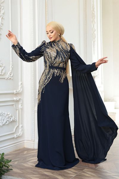 N.S NEVA STYLE - Bead Embroidered Navy Blue Hijab Evening Dress 51423L