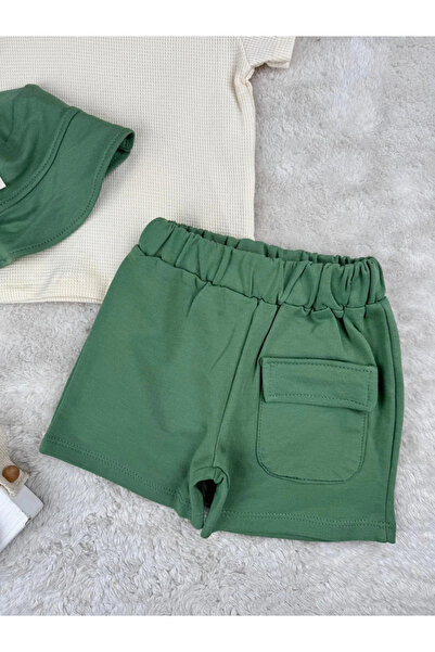 Minizade Safari Bucket Hat, Pocket Detailed Shorts, Waffle Fabric T-Shirt Set of 3