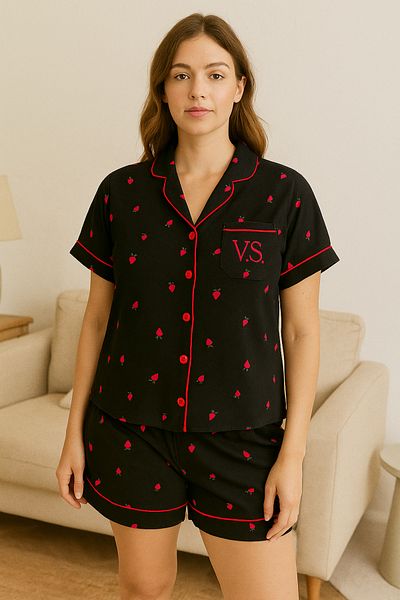 FENZO Women's Pink Strawberry Patterned Cotton Viscose Shorts Pajamas Set