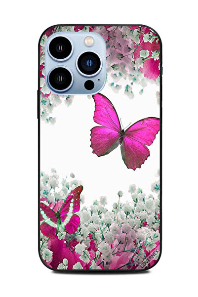 Covernex غطاء حماية لهاتف Apple iPhone 13 Pro - فراشات وردية داكنة وزهور بيضاء