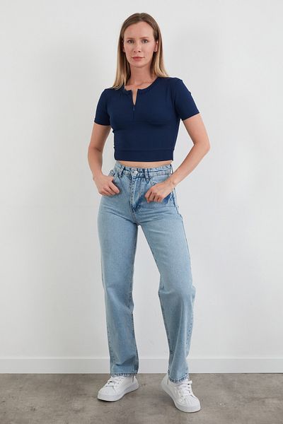 Fulla Moda Basic Half Zipper Diver Fabric Crop T-Shirt