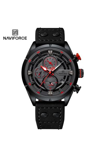 Naviforce Rugged Chronograph Wrist Watch for Men with Leather Strap Water Resistant Multi-Function Timepiece