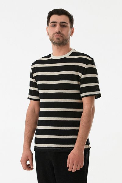 Fulla Moda Πλεκτό μπλουζάκι με ριγέ διάτρητο λαιμόκοψη