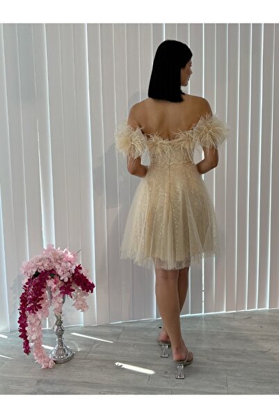 Always Dress Şampanya rengi kısa kolları detaylı kısa elbise