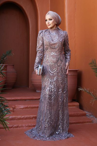 N.S NEVA STYLE - Bead Embroidered Mink Hijab Evening Dress 51812V