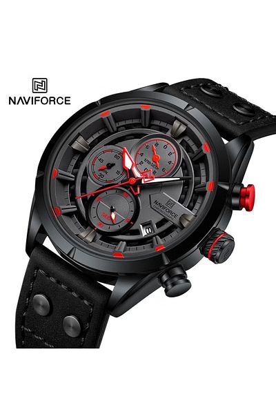 Naviforce Rugged Chronograph Wrist Watch for Men with Leather Strap Water Resistant Multi-Function Timepiece