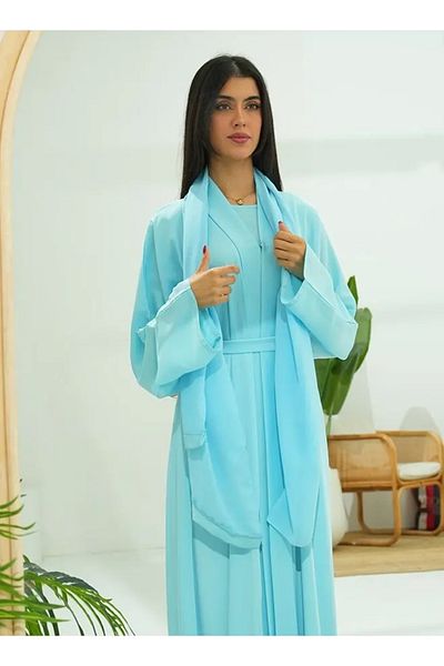 Jameela Sky Blue Classic Open Abaya 3 Pieces Set