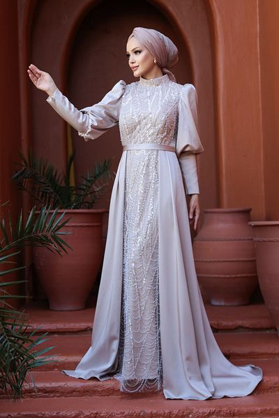 N.S NEVA STYLE - Beaded Tailed Beige Hijab Evening Dress 50901Bej