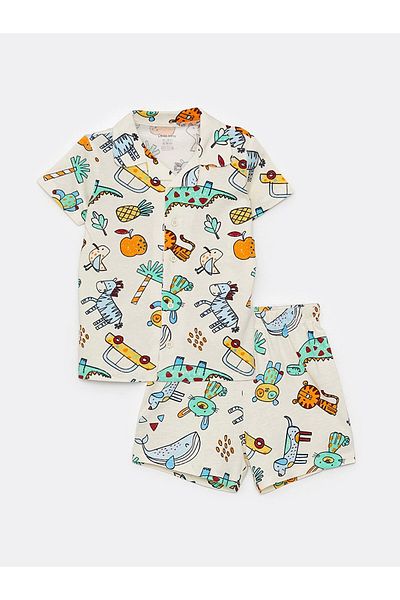 LC Waikiki Lcw Baby Ecru Polo Neck Short Sleeve Patterned Baby Boy Pajama Set