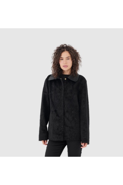 TOGO Siyah Desen Hakiki Deri Kadın Kürklü Mont [810053]