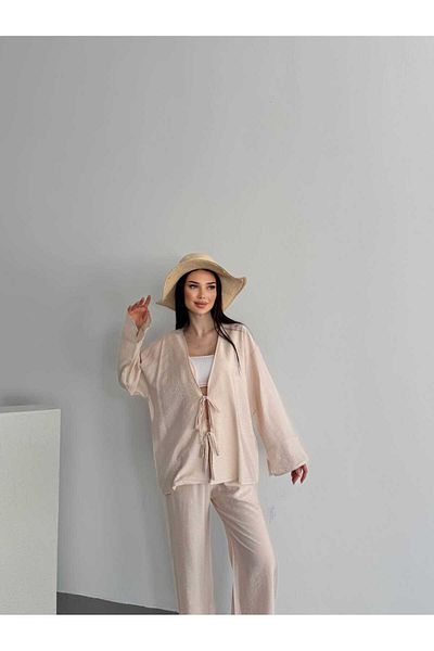 Bubble Set of 2 Cardigan Trousers with Lace Details, Summer Fabric
