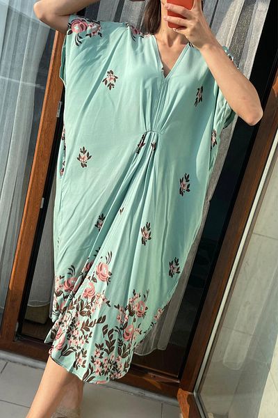 AYASOFYA OTANTIK Women's Mint Green V Blue White Patterned Short Sleeve Midi Pareo Dress