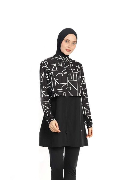 allsea Black-White Patterned Full Covered Hijab Swimsuit C0T0N26