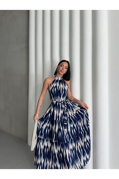 Cistern İstanbul Women's Halter Neck Patterned Belted Maxi Dress