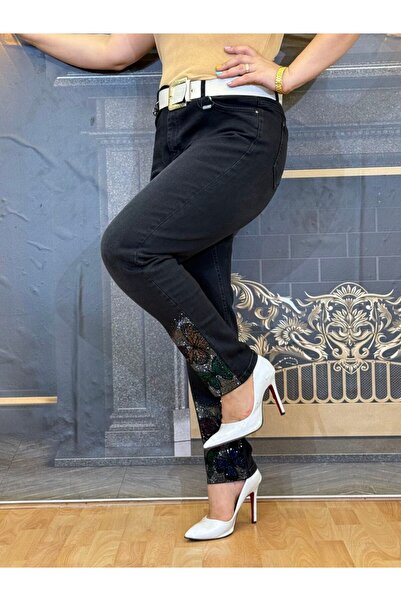 Yeşilmoda Abiye kot pantolon,Düz,esnak, Taşli işlemeli,Yüksek bel,Jeans,Siyah,Fermuarlı,Düğmeli,Cepli