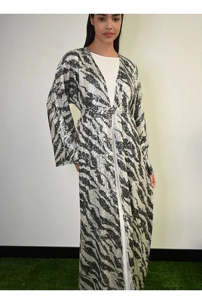 Jameela Silver Glow Black And White Abaya With Sequin Embellishments