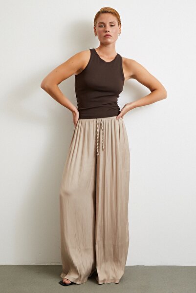 Never more Wide Leg Gathered Trousers with Elastic Waist Beige