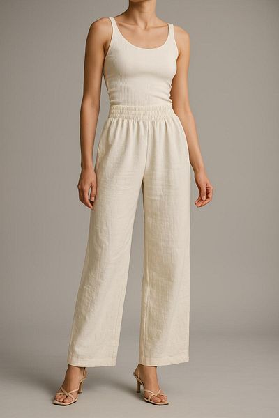 ELONİ Yazlik High Waist Without Pockets Thin Wide Leg Linen Pants with Elastic Waist