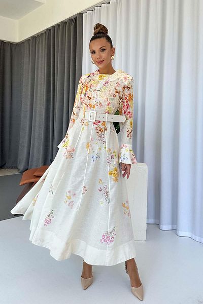 Mine Tan Butik Floral Patterned Belted Linen Long Dress - Ecru