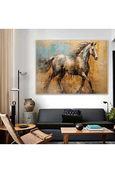 SND لوحة قماشية بتصميم خيول مع برواز فضي مجوف